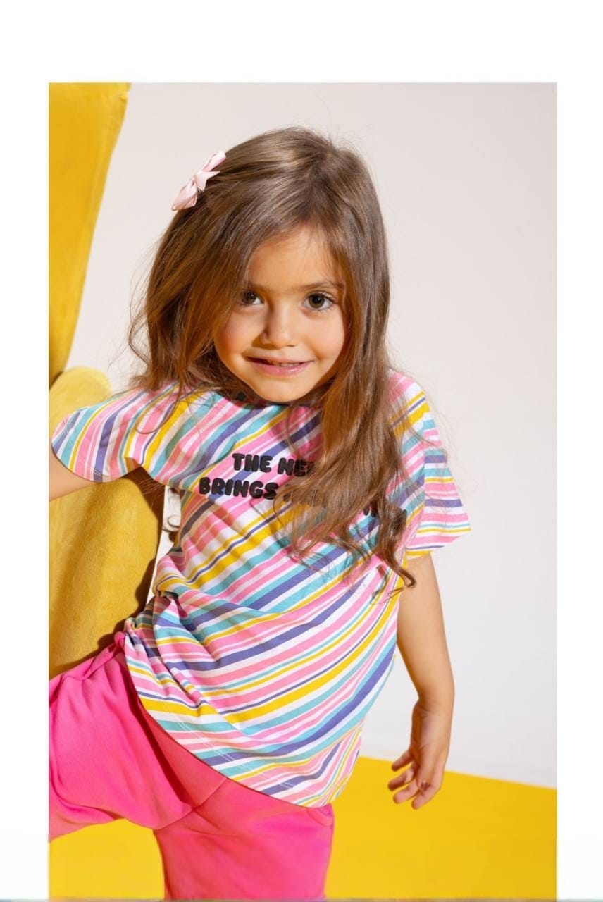 Girls' Rainbow Stripe T-Shirt & Fuchsia Culotte Shorts Set – Cotton Summer 2-Piece Outfit