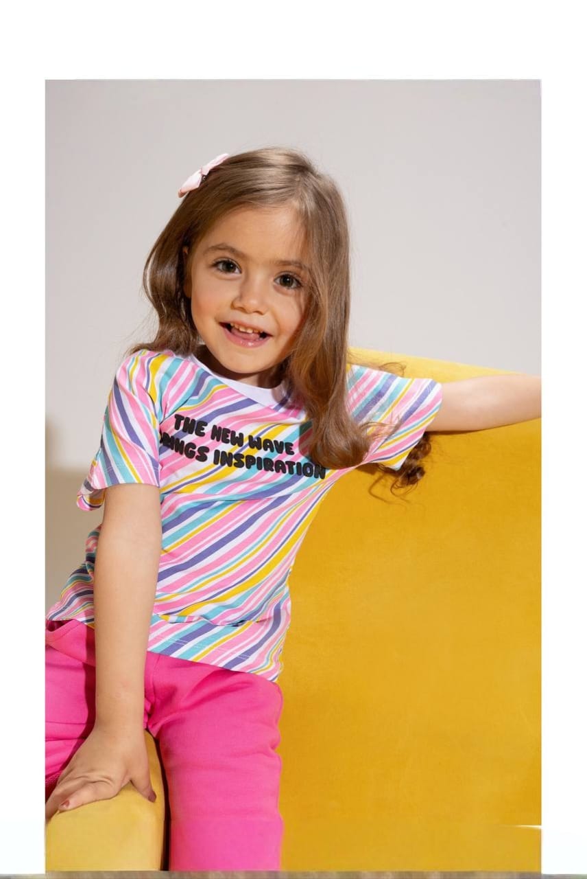 Girls' Rainbow Stripe T-Shirt & Fuchsia Culotte Shorts Set – Cotton Summer 2-Piece Outfit