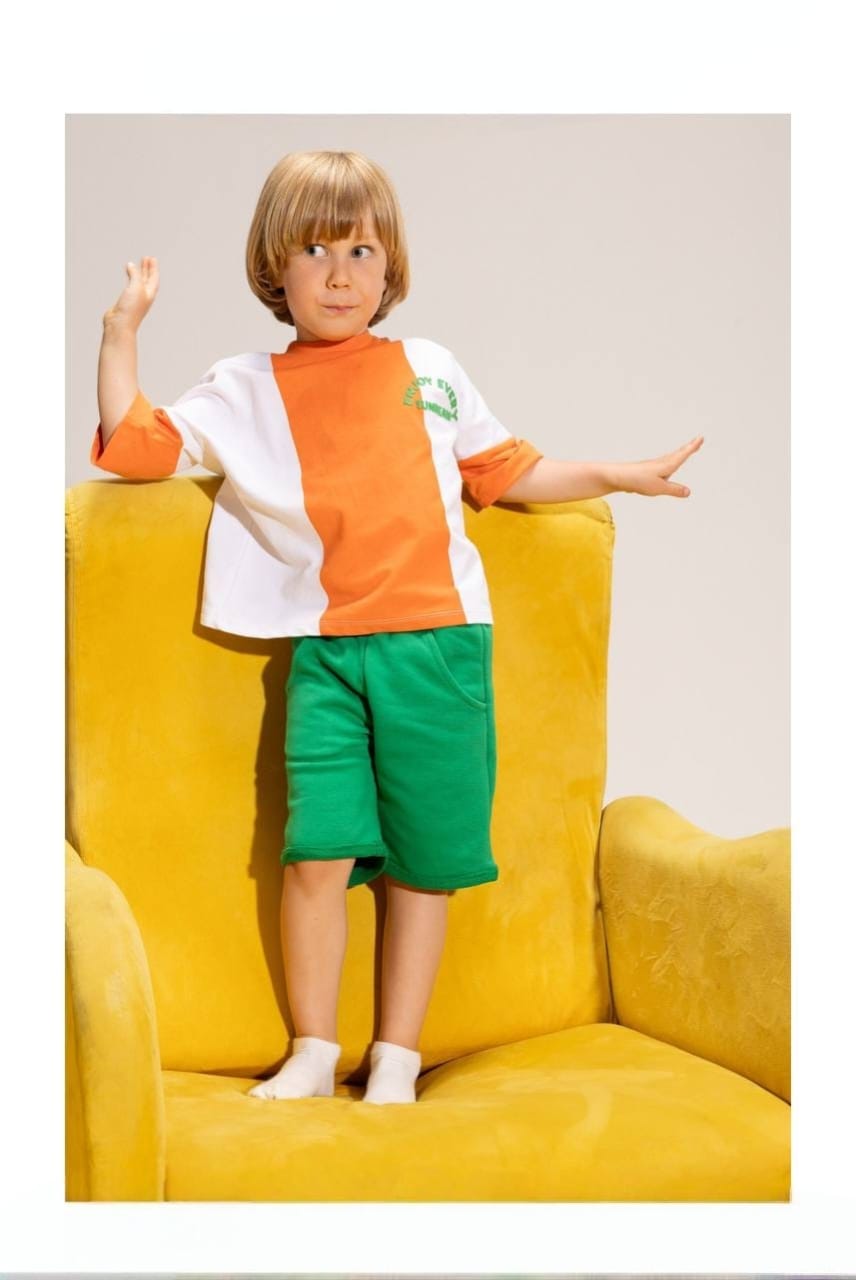Boys' Color Block T-Shirt & Green Shorts Set – Cotton Summer 2-Piece Casual Outfit