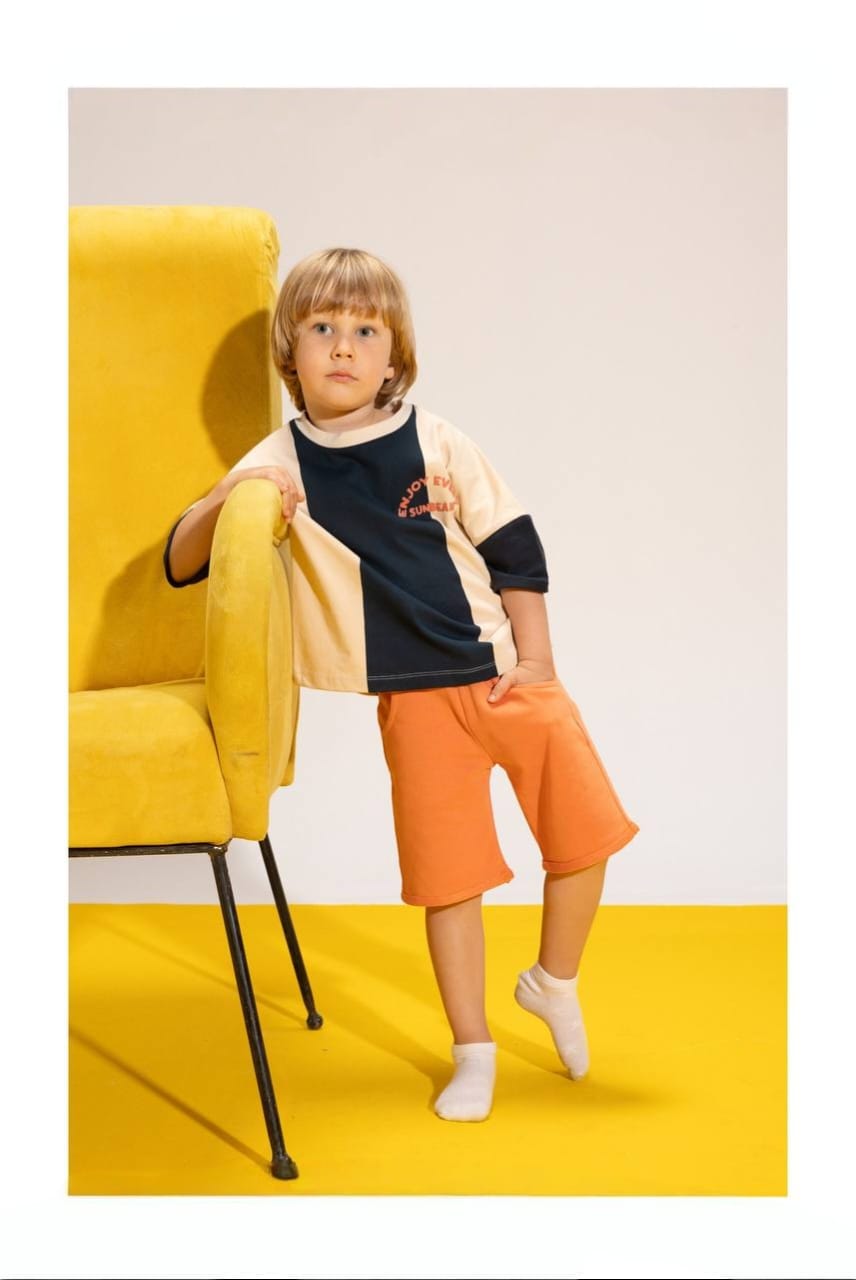 Boys' Color Block T-Shirt & Orange Shorts Set – Cotton Summer 2-Piece Casual Outfit