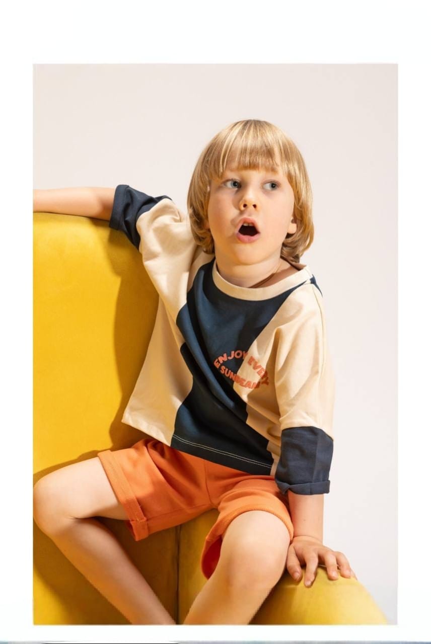 Boys' Color Block T-Shirt & Orange Shorts Set – Cotton Summer 2-Piece Casual Outfit