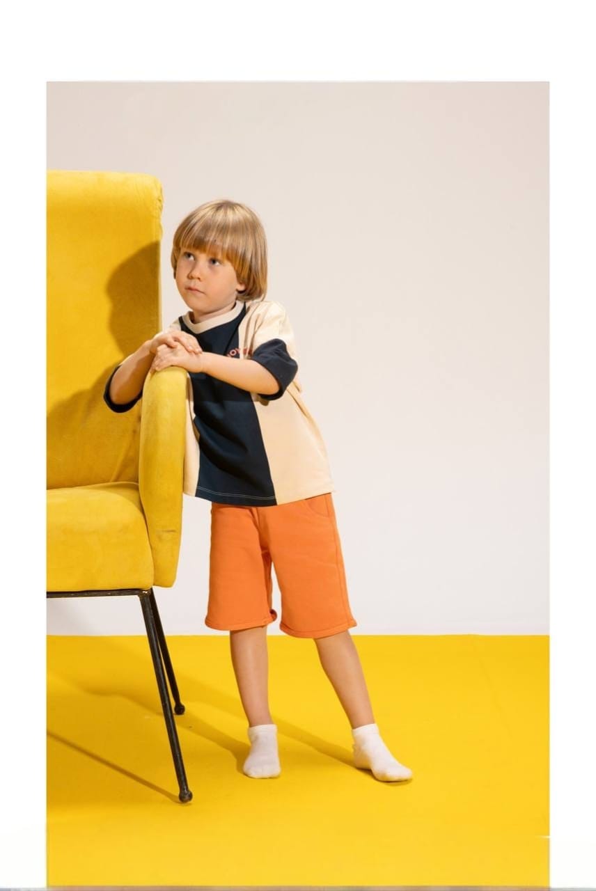 Boys' Color Block T-Shirt & Orange Shorts Set – Cotton Summer 2-Piece Casual Outfit