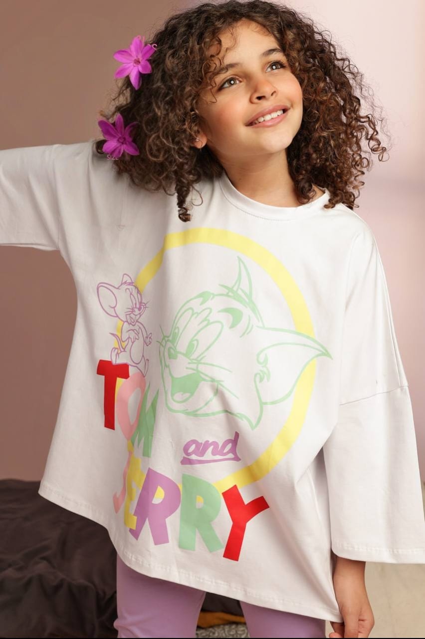 Girls' Tom & Jerry Oversized Graphic T-Shirt & Lilac Capri Leggings Set – Cotton 2-Piece Casual Outfit