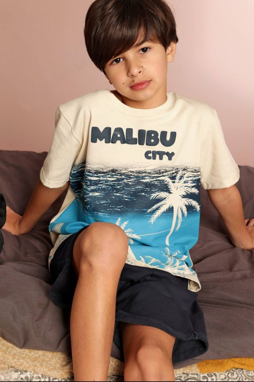 Boys' Malibu Beach Graphic T-Shirt & Navy Shorts Set – Cotton Summer 2-Piece Casual Outfit