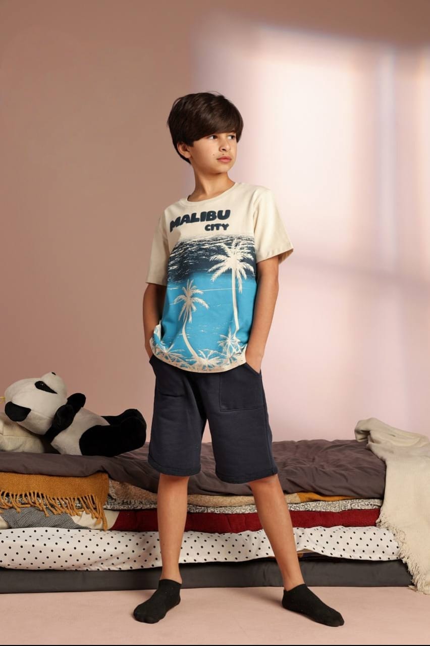 Boys' Malibu Beach Graphic T-Shirt & Navy Shorts Set – Cotton Summer 2-Piece Casual Outfit