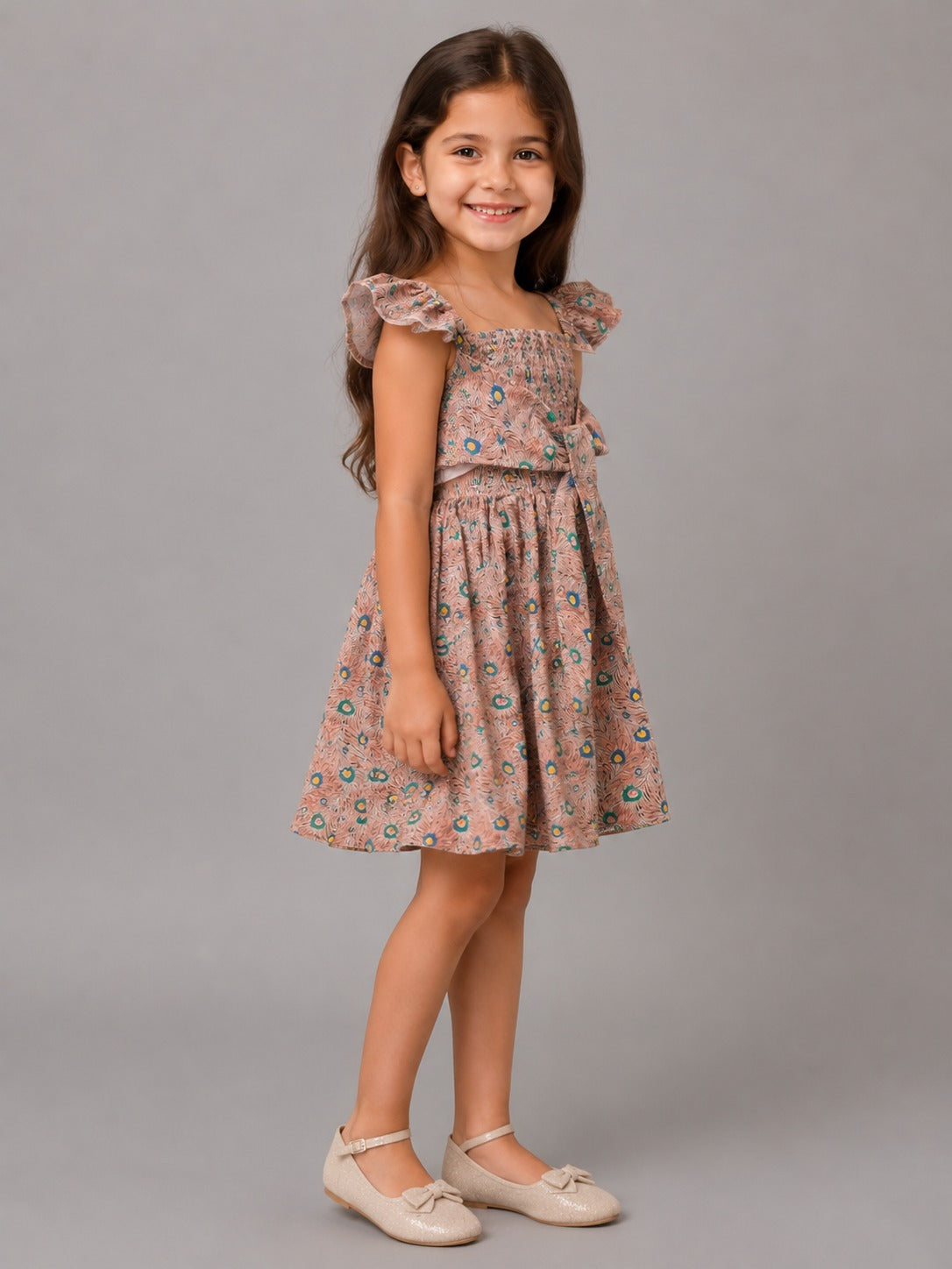 Girls' Floral Smocked Ruffle Sleeve Dress – Elegant Cotton Summer Dress