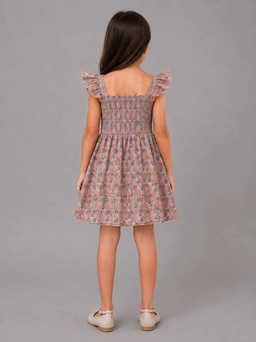 Girls' Floral Smocked Ruffle Sleeve Dress – Elegant Cotton Summer Dress