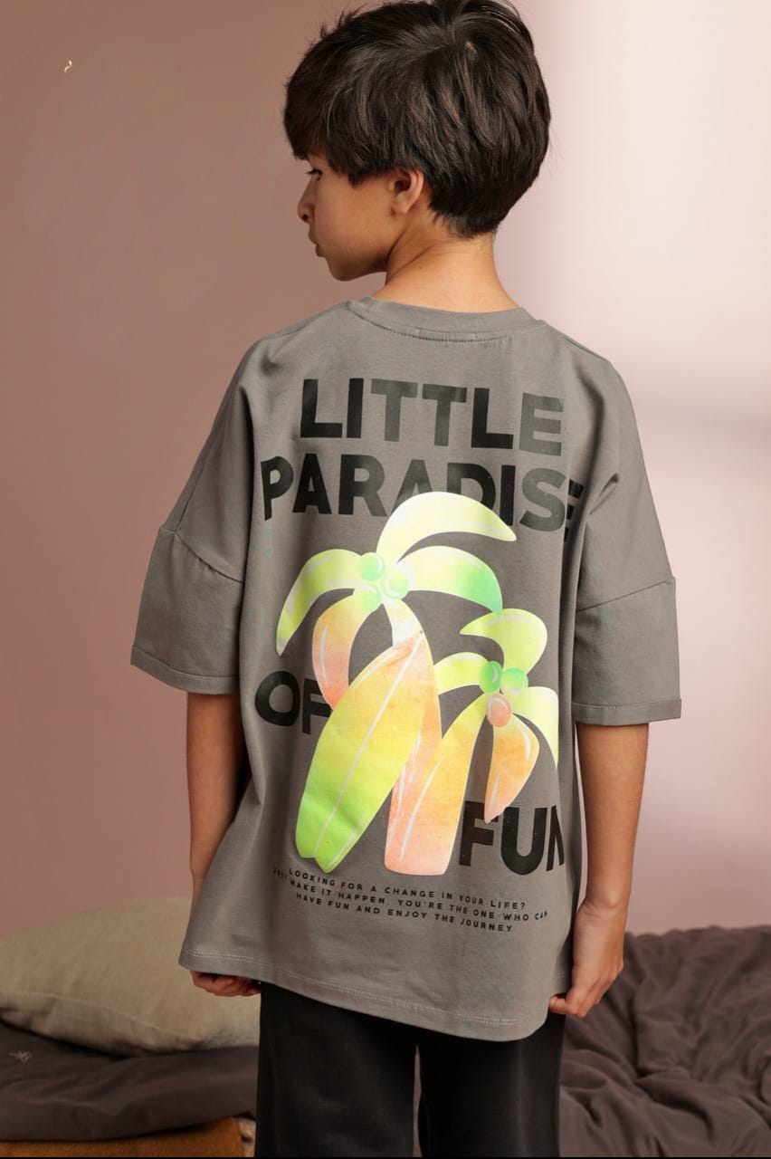 Boys' Oversized Paradise Graphic T-Shirt & Black Shorts Set – Cotton Summer 2-Piece Outfit