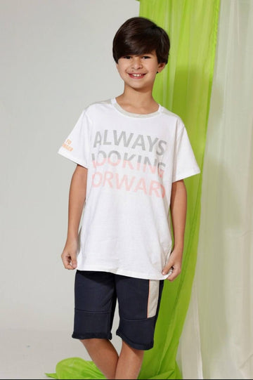 Boys' White Graphic T-Shirt & Navy Shorts Set – Cotton Casual 2-Piece Outfit