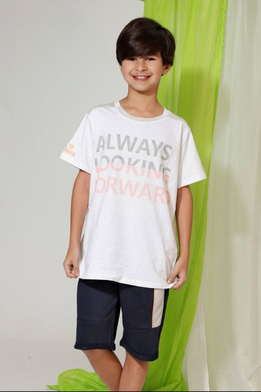Boys' White Graphic T-Shirt & Navy Shorts Set – Cotton Casual 2-Piece Outfit