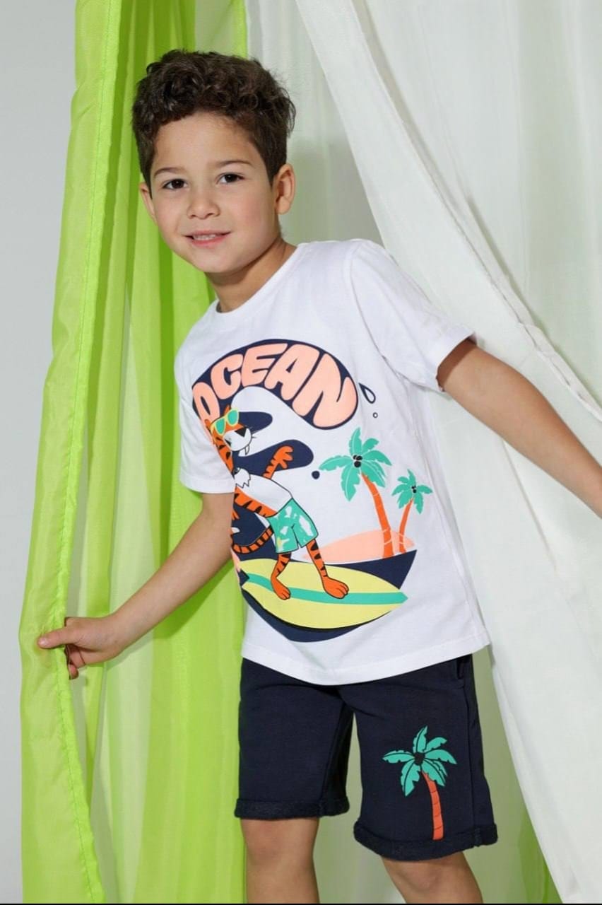 Boys' Ocean Adventure Graphic T-Shirt & Navy Shorts Set – Cotton Summer 2-Piece Outfit