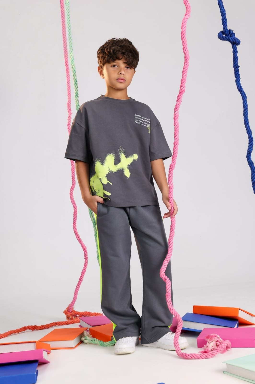 Boys' Oversized Charcoal Graphic T-Shirt & Wide-Leg Pants Set – Cotton Casual 2-Piece Outfit