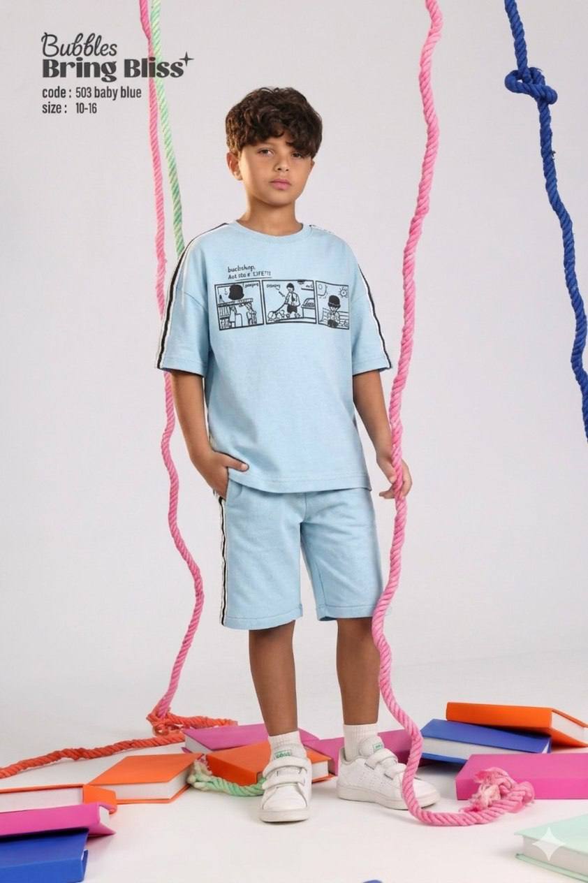 Boys' Baby Blue Graphic T-Shirt & Shorts Set – Casual 2-Piece Cotton Outfit | Ages 10–16