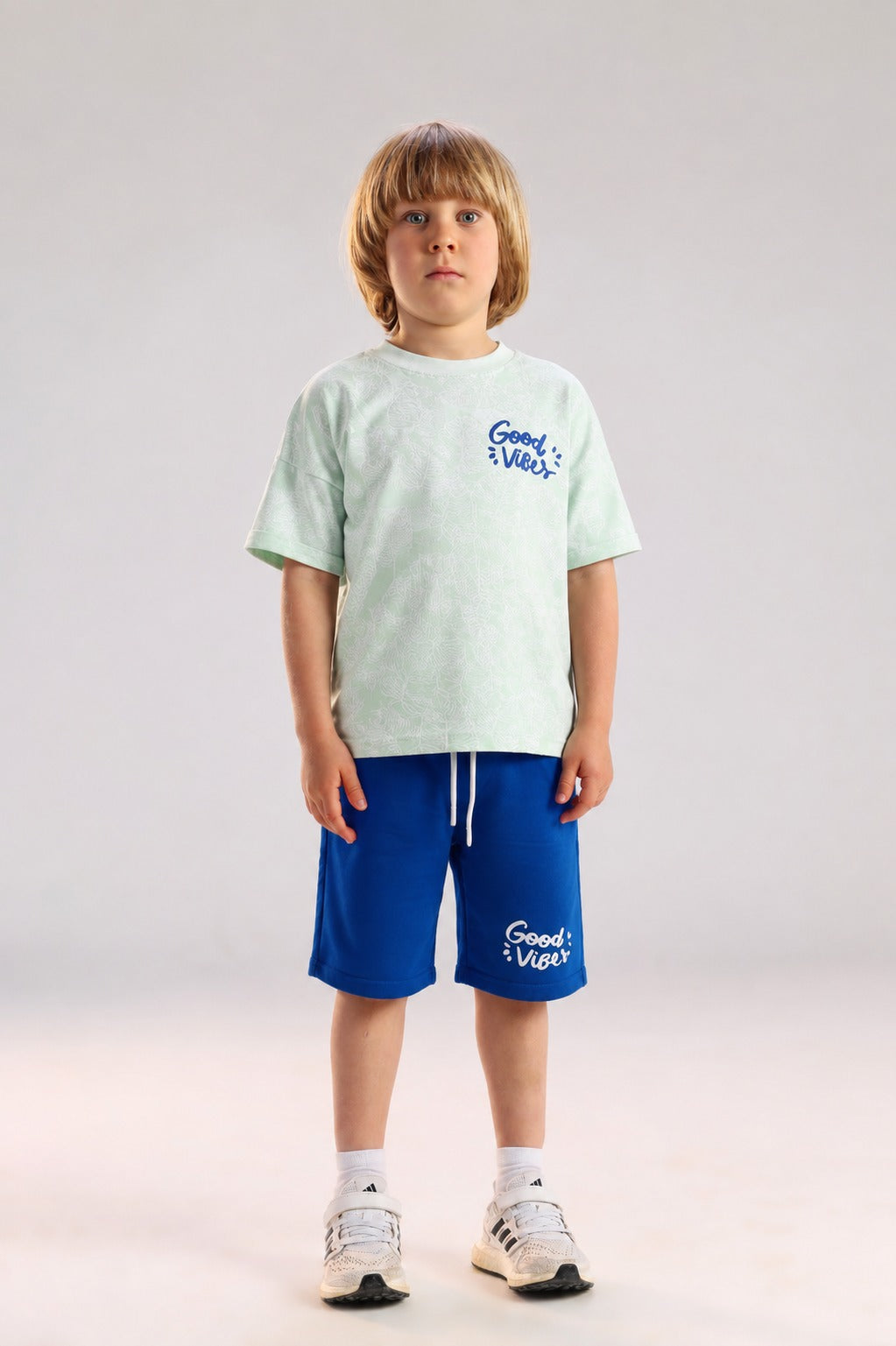 Boys' Good Vibes Graphic T-Shirt & Blue Shorts Set – Cotton Summer 2-Piece Outfit