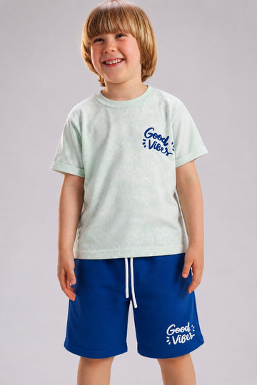 Boys' Good Vibes Graphic T-Shirt & Blue Shorts Set – Cotton Summer 2-Piece Outfit