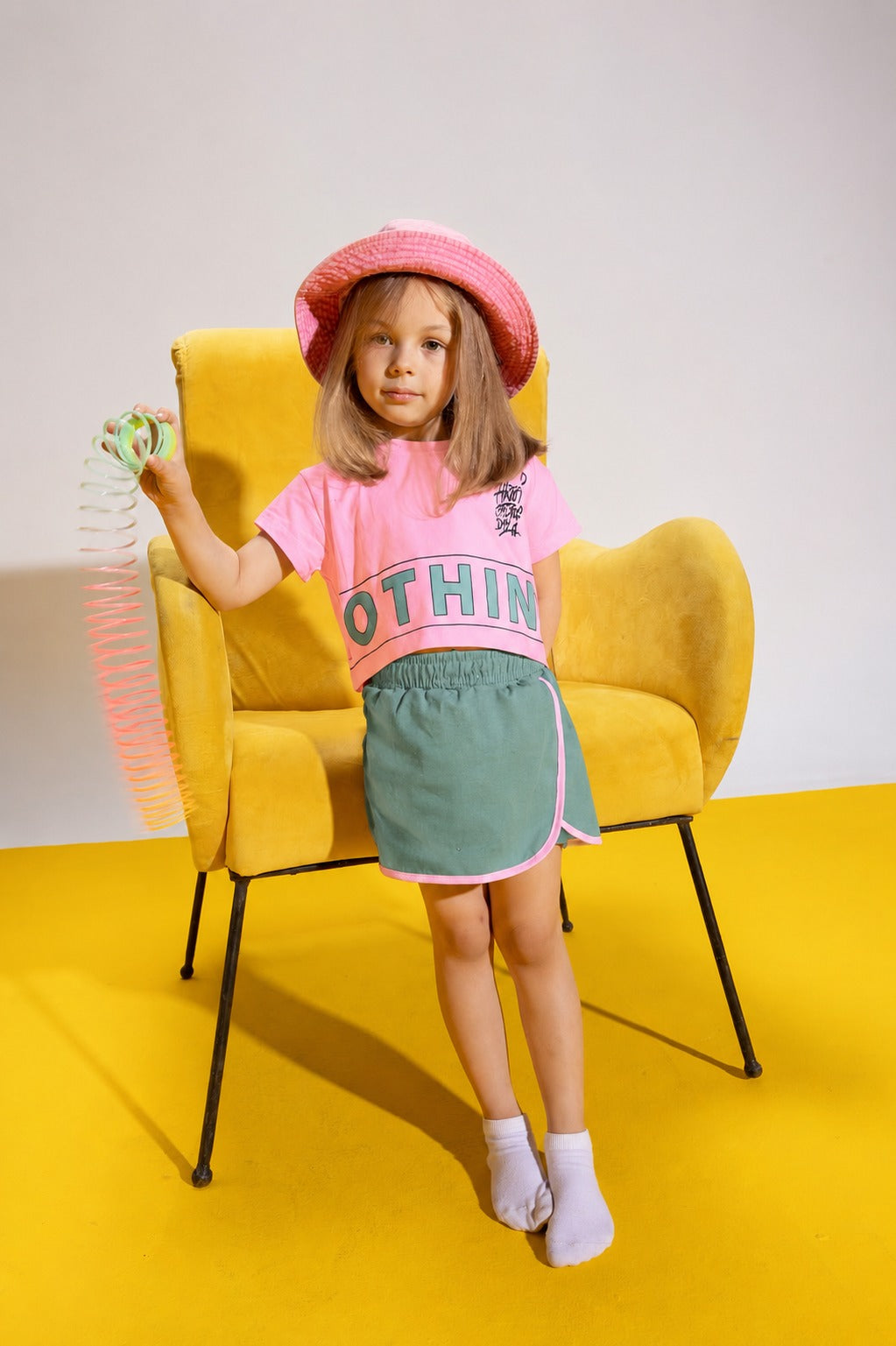 Girls’ Pink Crop T-Shirt & Green Shorts Set – Colorful Casual 2-Piece Summer Outfit