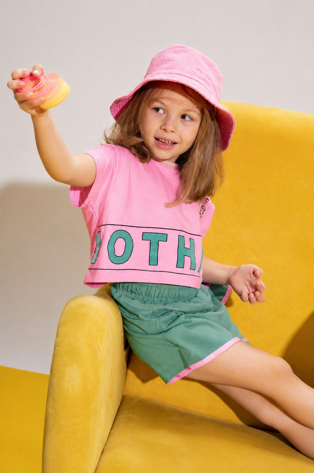Girls’ Pink Crop T-Shirt & Green Shorts Set – Colorful Casual 2-Piece Summer Outfit