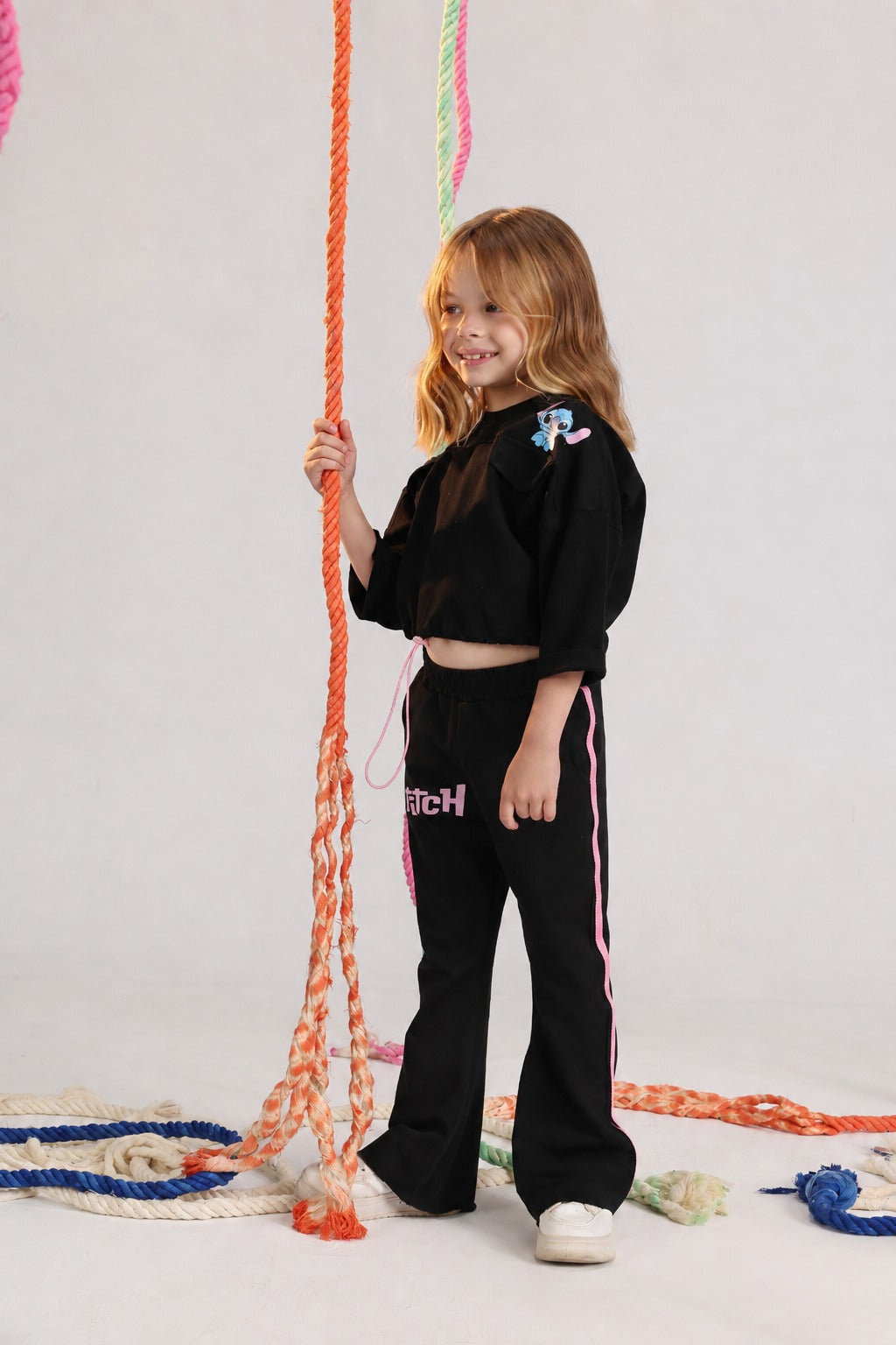 Girls Long Sleeve Pajama Set – Black Graphic Top & Pants Sleepwear