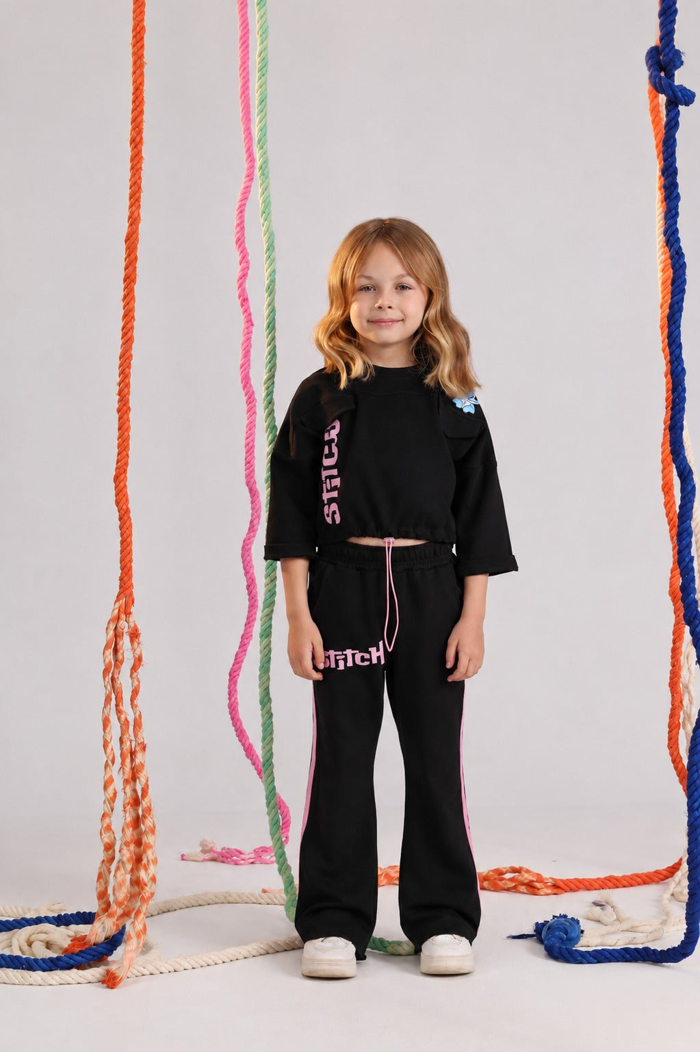 Girls Long Sleeve Pajama Set – Black Graphic Top & Pants Sleepwear