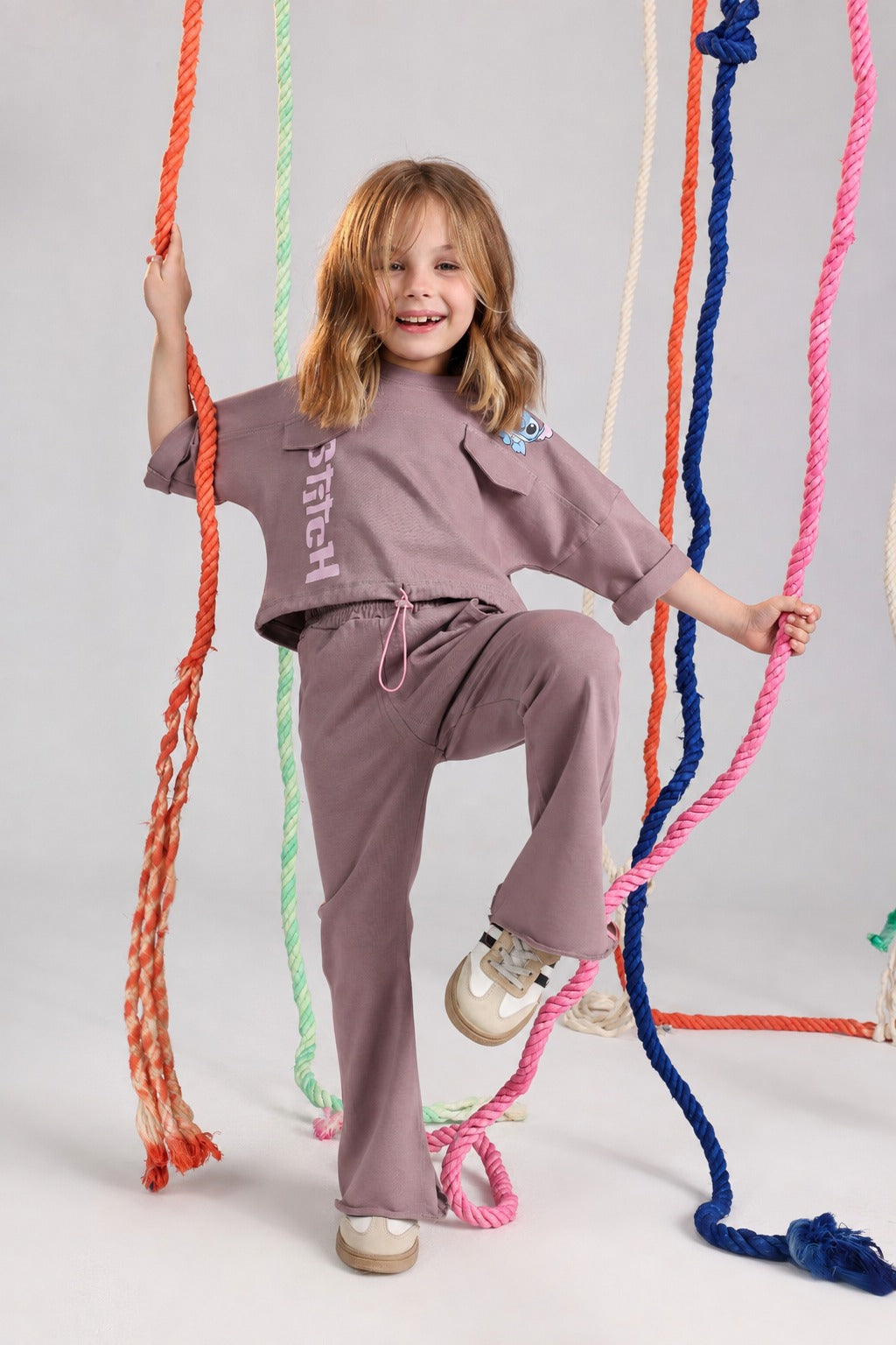 Girls Stitch Fashion Set – Mauve Cropped Top & Flared Pants Outfit