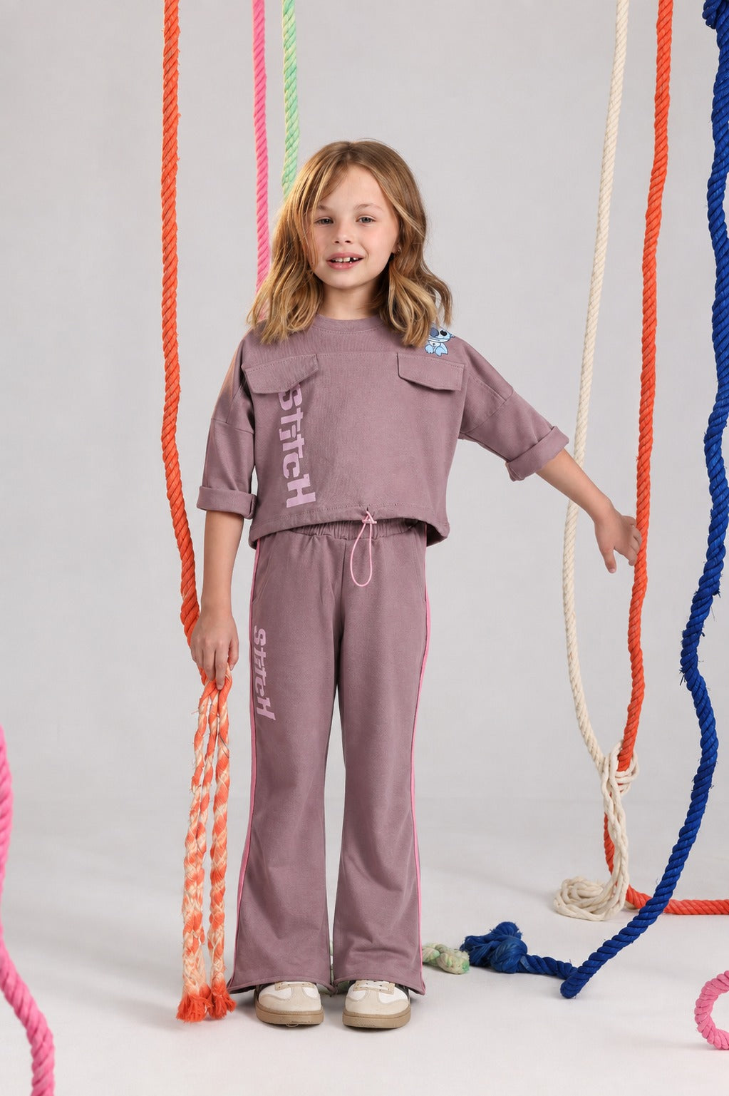 Girls Stitch Fashion Set – Mauve Cropped Top & Flared Pants Outfit