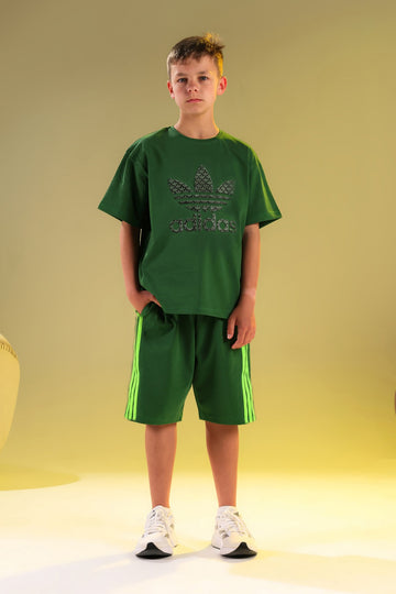 Kids Oversized Sports Cotton Set – Green Graphic T-Shirt & Matching Shorts
