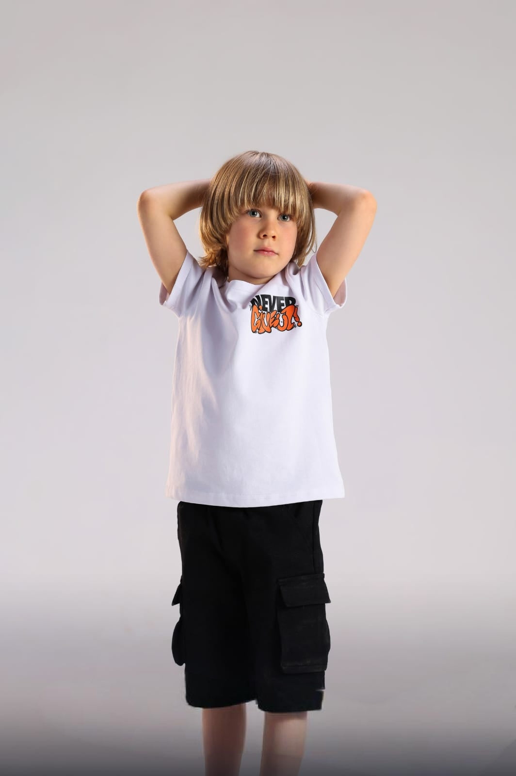 Boys’ Graphic T-Shirt & Black Cargo Shorts Set – Casual 2-Piece Outfit