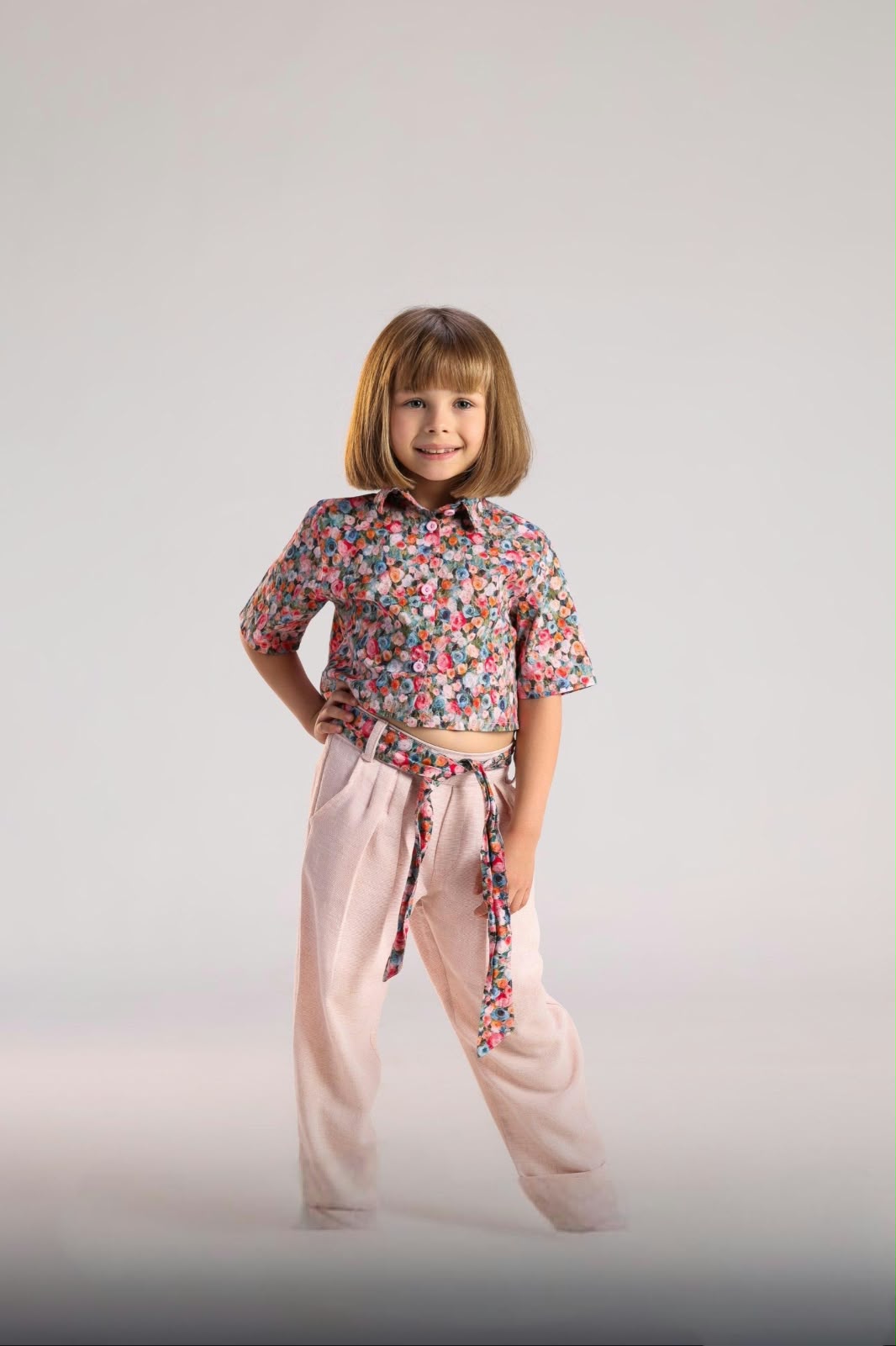 Girls’ Floral Cropped Shirt & Wide-Leg Pants Set – Colorful Flower Print Casual Outfit