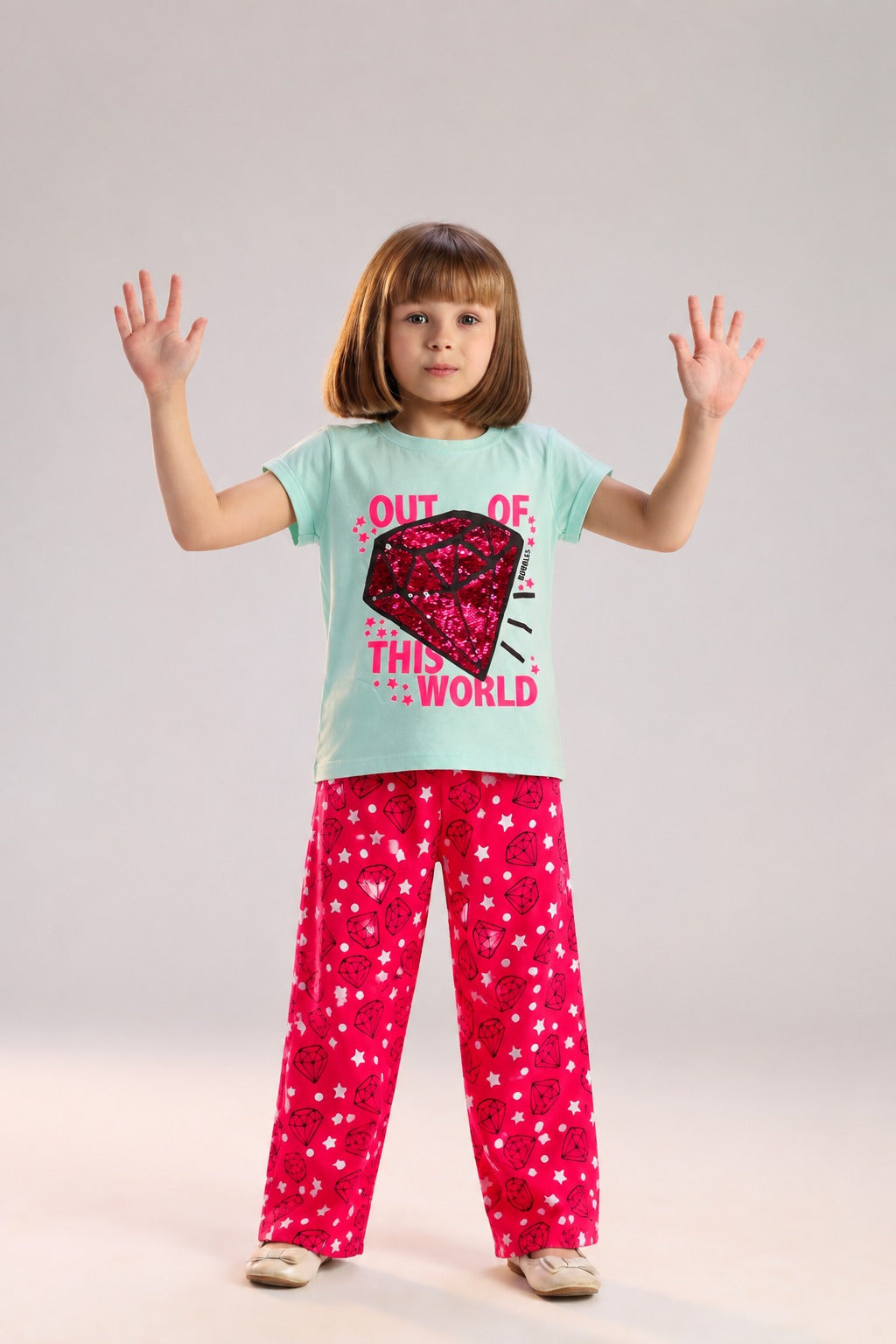 Girls’ Sequin Diamond Graphic T-Shirt & Printed Pants Set – Fun Casual 2-Piece Outfit