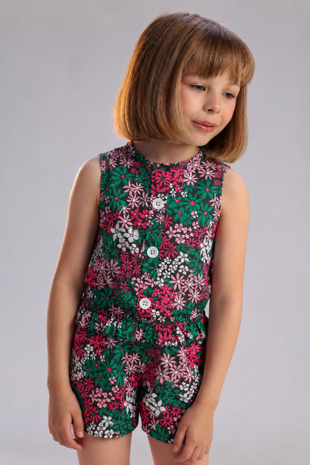 Girls’ Floral Print Sleeveless Romper – Button-Front Summer Playsuit with Shorts
