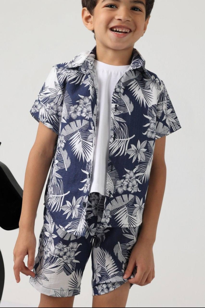 Boys’ Tropical Print Shirt & Shorts Set – Navy & White Short-Sleeve Summer Outfit