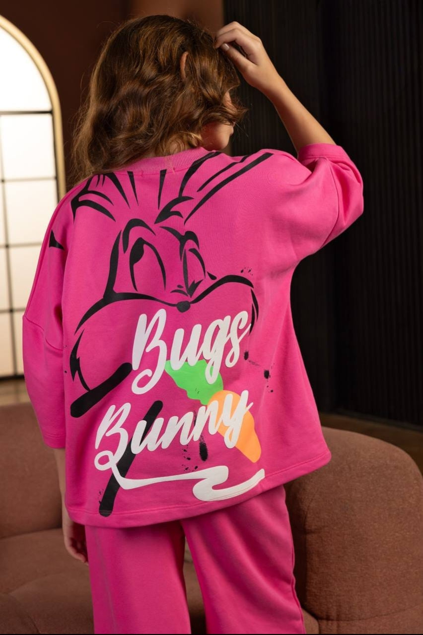 Girls’ Pink “Bung Bunny” Graphic Sweatshirt & Wide-Leg Pants Set – Cozy Casual Outfit