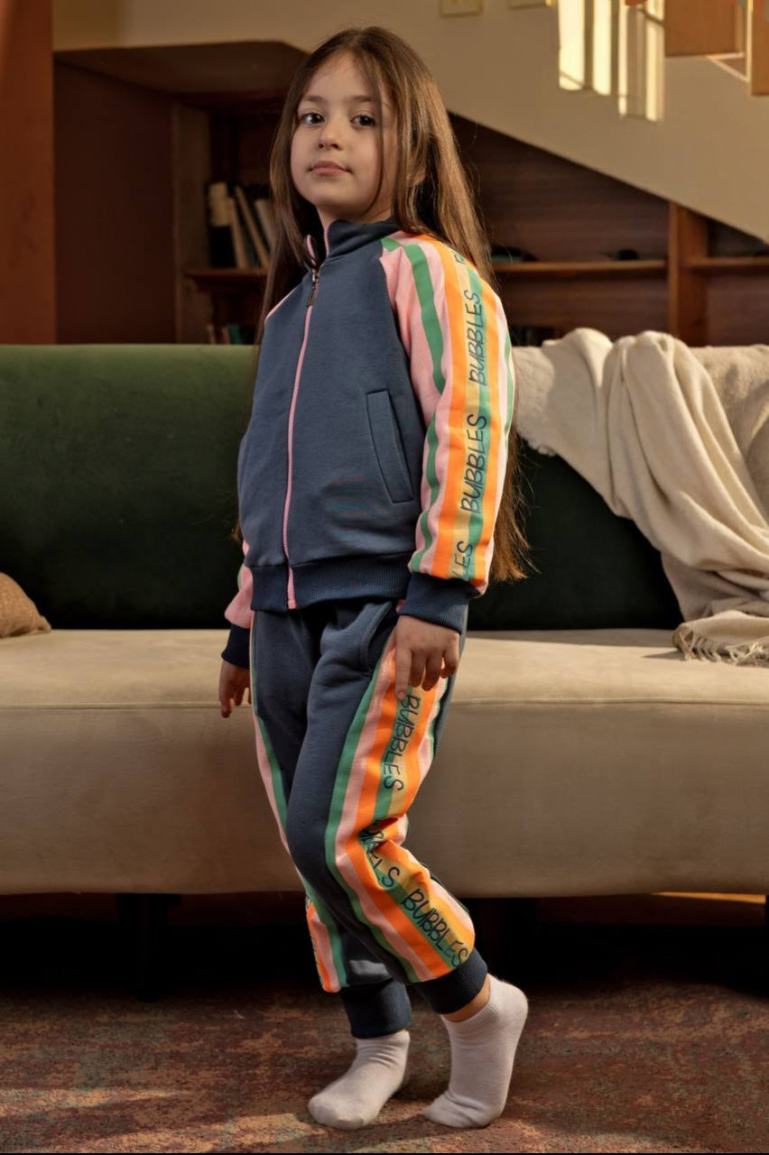 Girls’ Navy Track Jacket & Jogger Pants Set with Colorful Side Stripes – Sporty Casual Outfit
