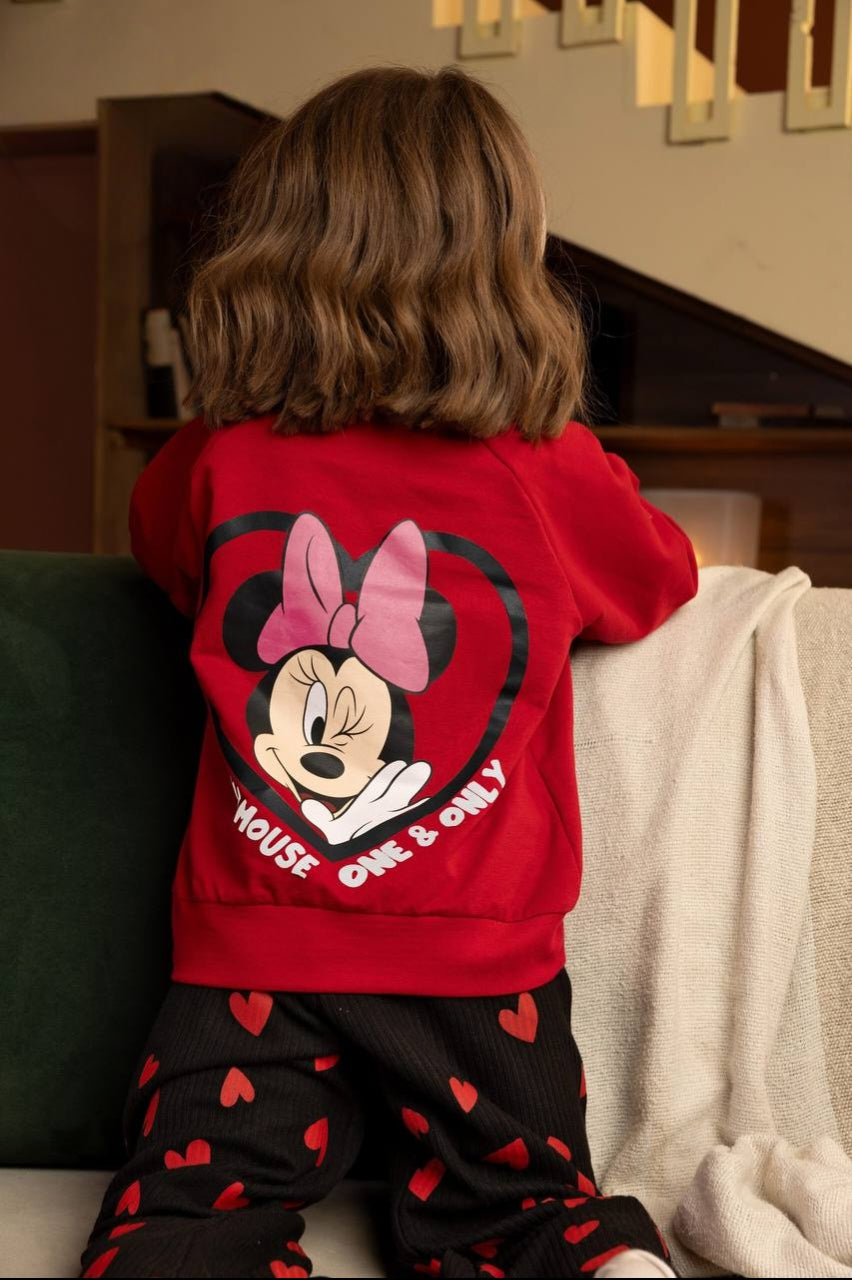 Girls’ Red Minnie Mouse Sweatshirt & Black Heart Print Wide-Leg Pants Set – Cozy Casual Outfit