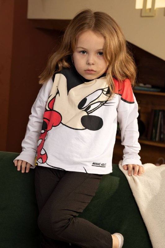 Girls’ Minnie Mouse Long-Sleeve T-Shirt & Heart Print Wide-Leg Pants Set – Casual Character Outfit