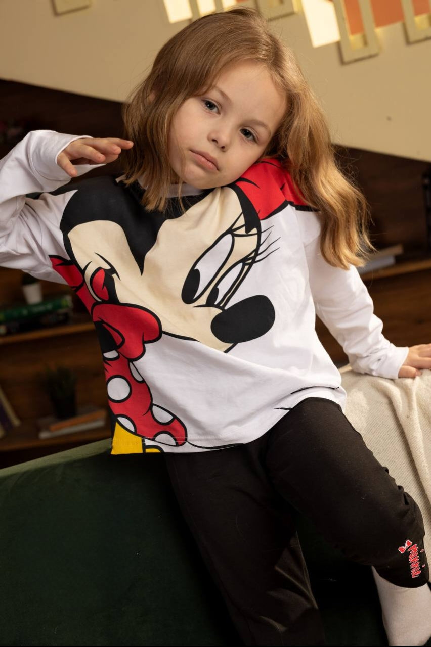 Girls’ Minnie Mouse Long-Sleeve T-Shirt & Heart Print Wide-Leg Pants Set – Casual Character Outfit