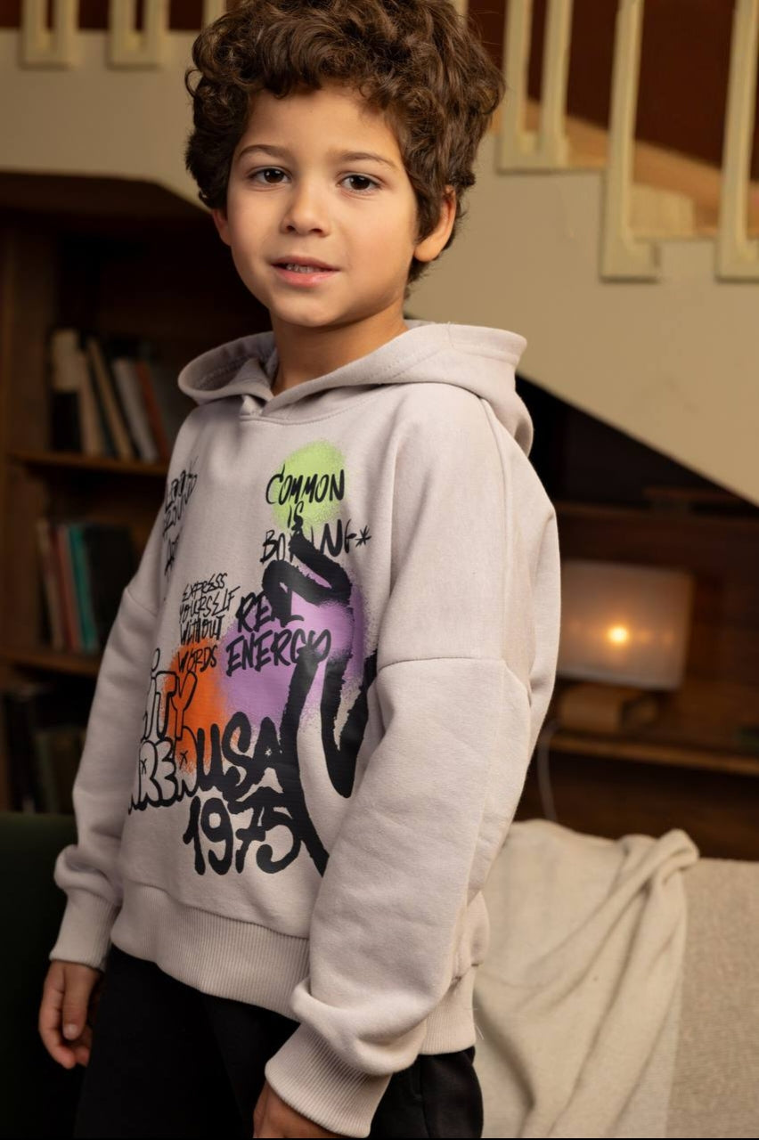 Boys’ Graphic Hoodie & Jogger Set – Graffiti Print Pullover Sweatshirt and Black Jogger Pants