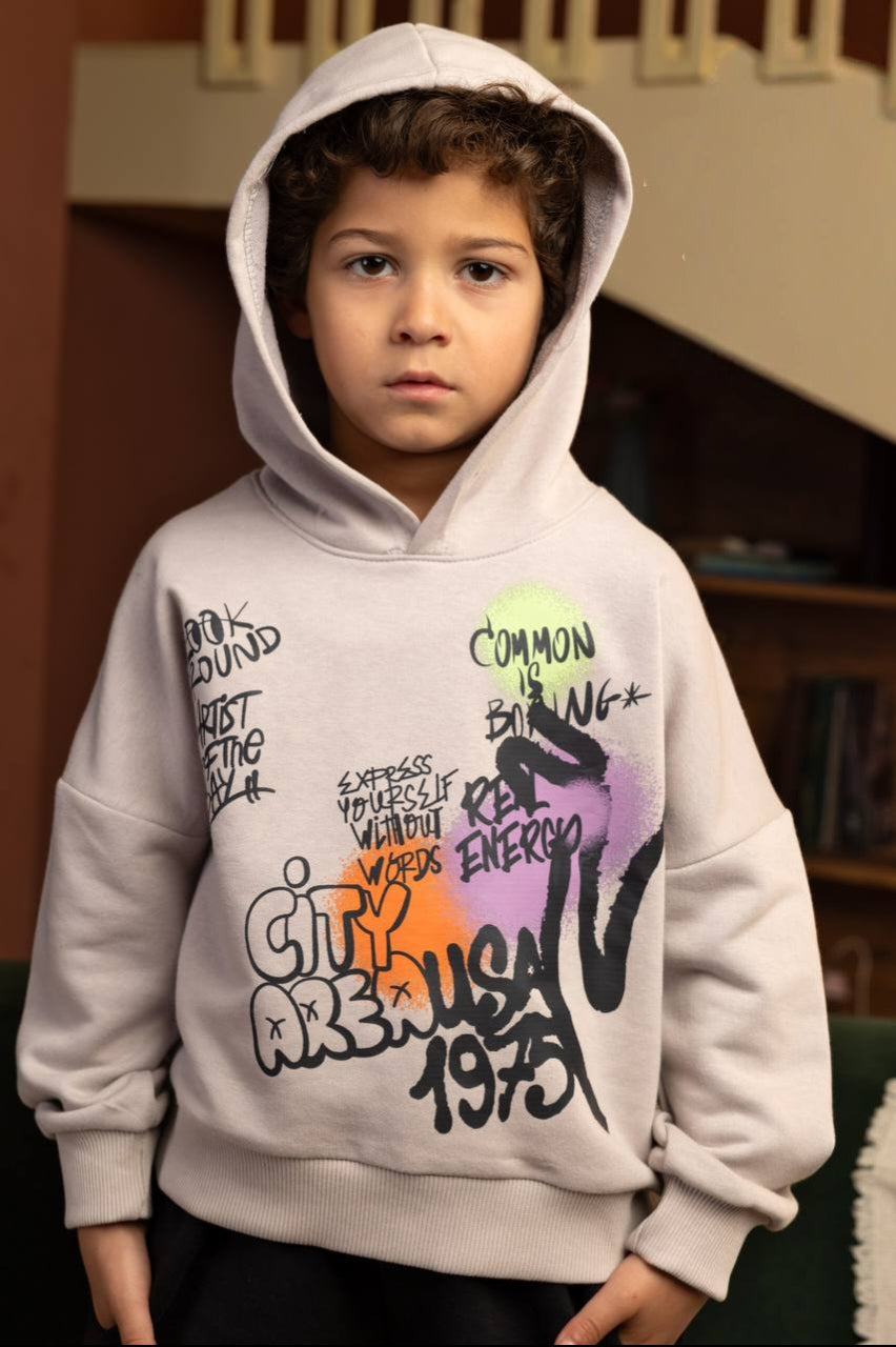 Boys’ Graphic Hoodie & Jogger Set – Graffiti Print Pullover Sweatshirt and Black Jogger Pants