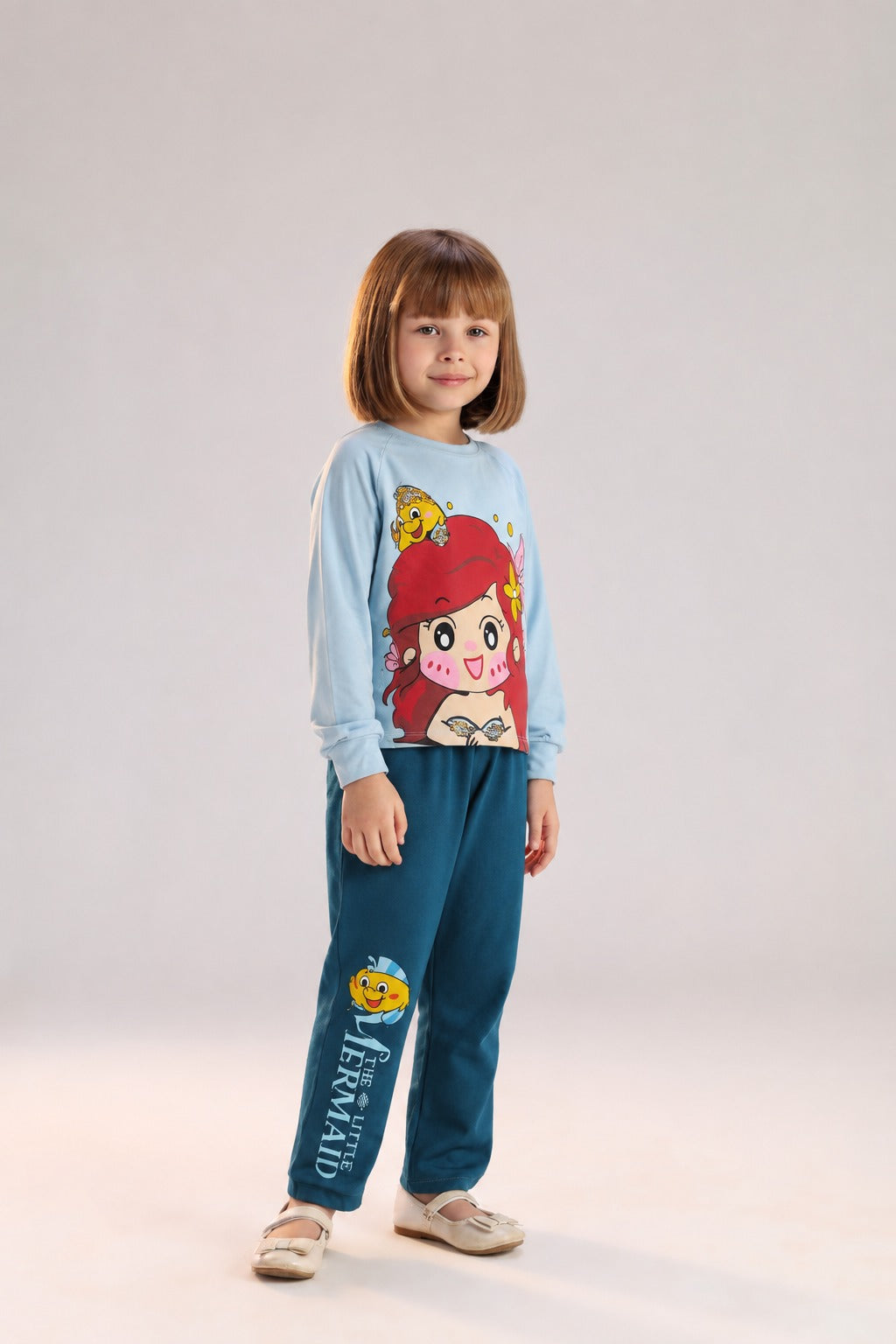 Girls’ Cute Character Pajama Set – Long-Sleeve Graphic Top & Printed Wide-Leg Pants