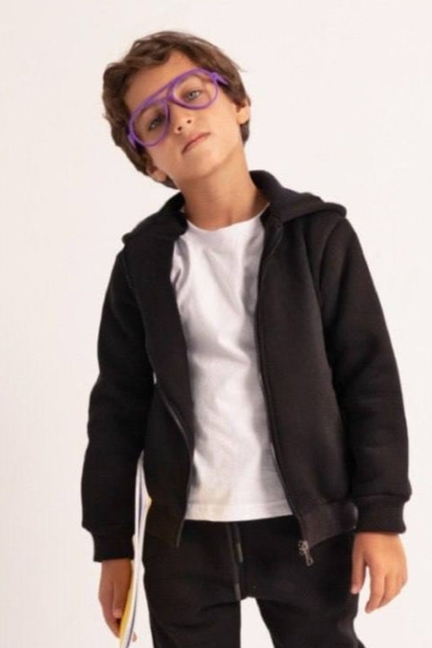 Boys’ Black Zip-Up Hoodie – Hooded Sweatshirt with Front Pockets & Ribbed Cuffs