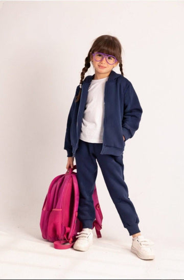 Girls’ Navy Blue Zip-Up Hoodie & Jogger Set – Casual 2-Piece Outfit with Front Pockets
