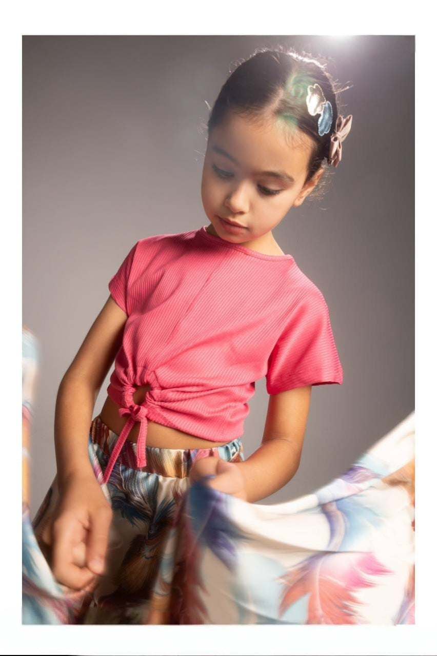 Girls’ Pink Crop Top & Floral Midi Skirt Set – Stylish Two-Piece Summer Outfit