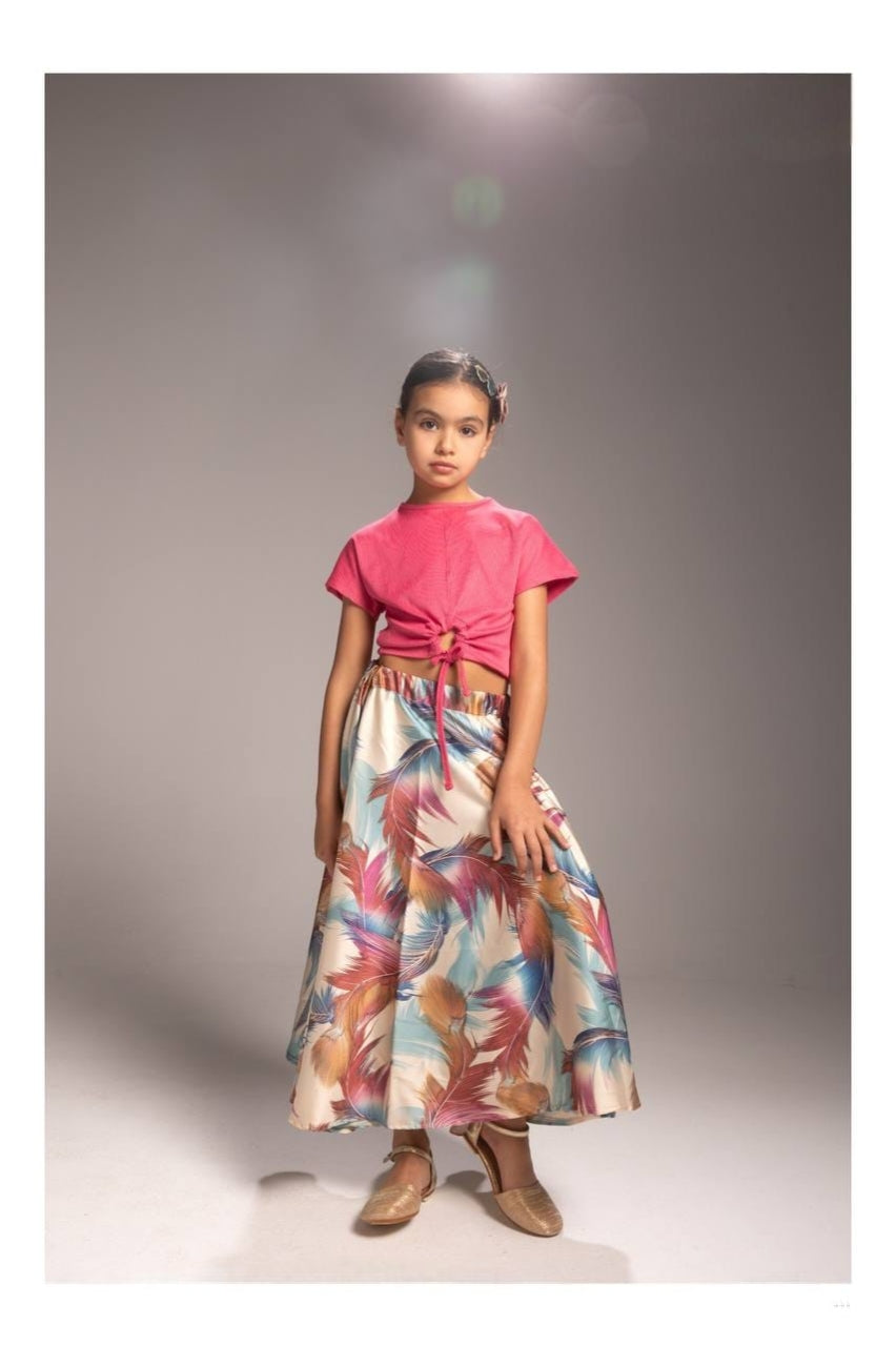Girls’ Pink Crop Top & Floral Midi Skirt Set – Stylish Two-Piece Summer Outfit