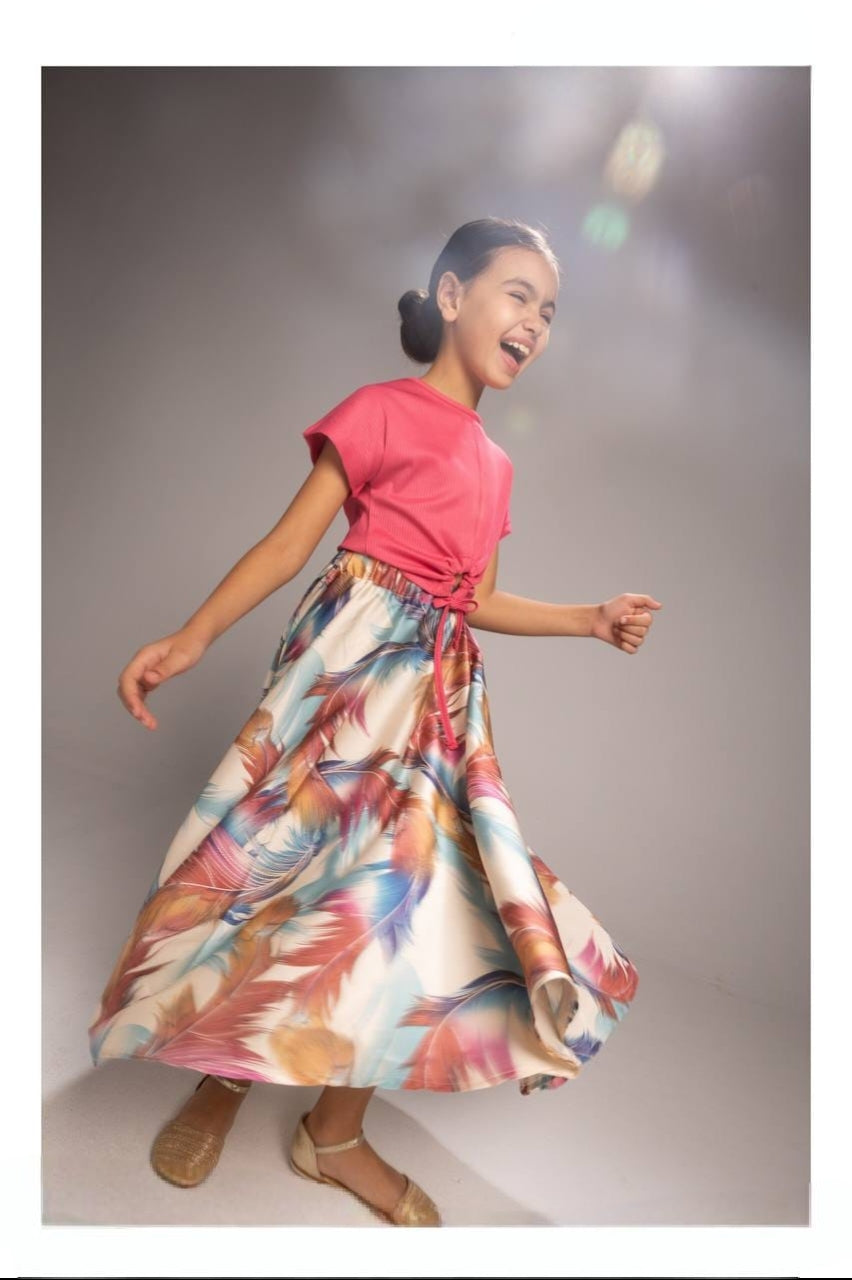 Girls’ Pink Crop Top & Floral Midi Skirt Set – Stylish Two-Piece Summer Outfit