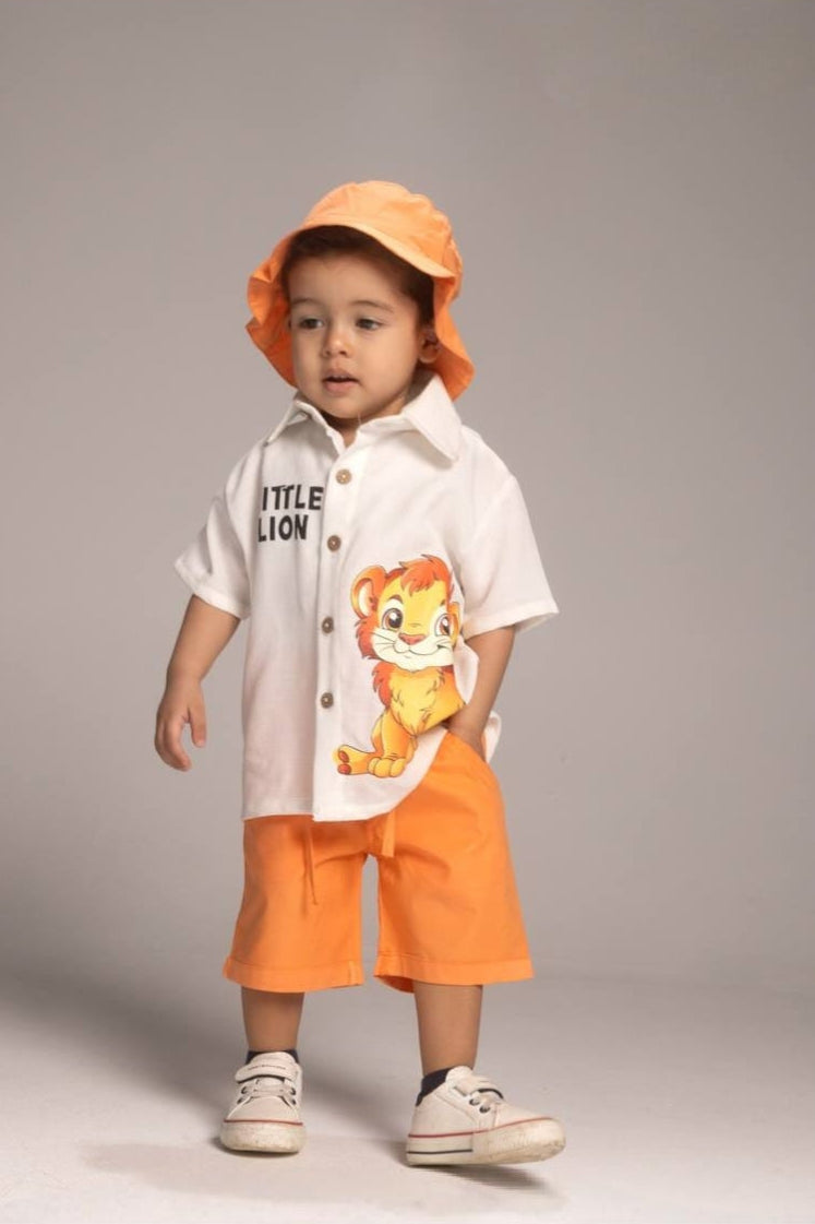 Boys’ Lion Graphic Shirt & Orange Shorts Set – Casual Summer Outfit
