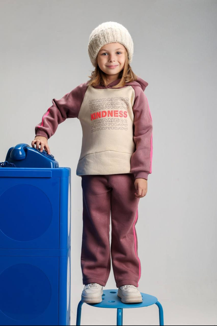 Girls’ Kindness Hoodie & Jogger Set – Color-Block Tracksuit with Pink Side Stripes