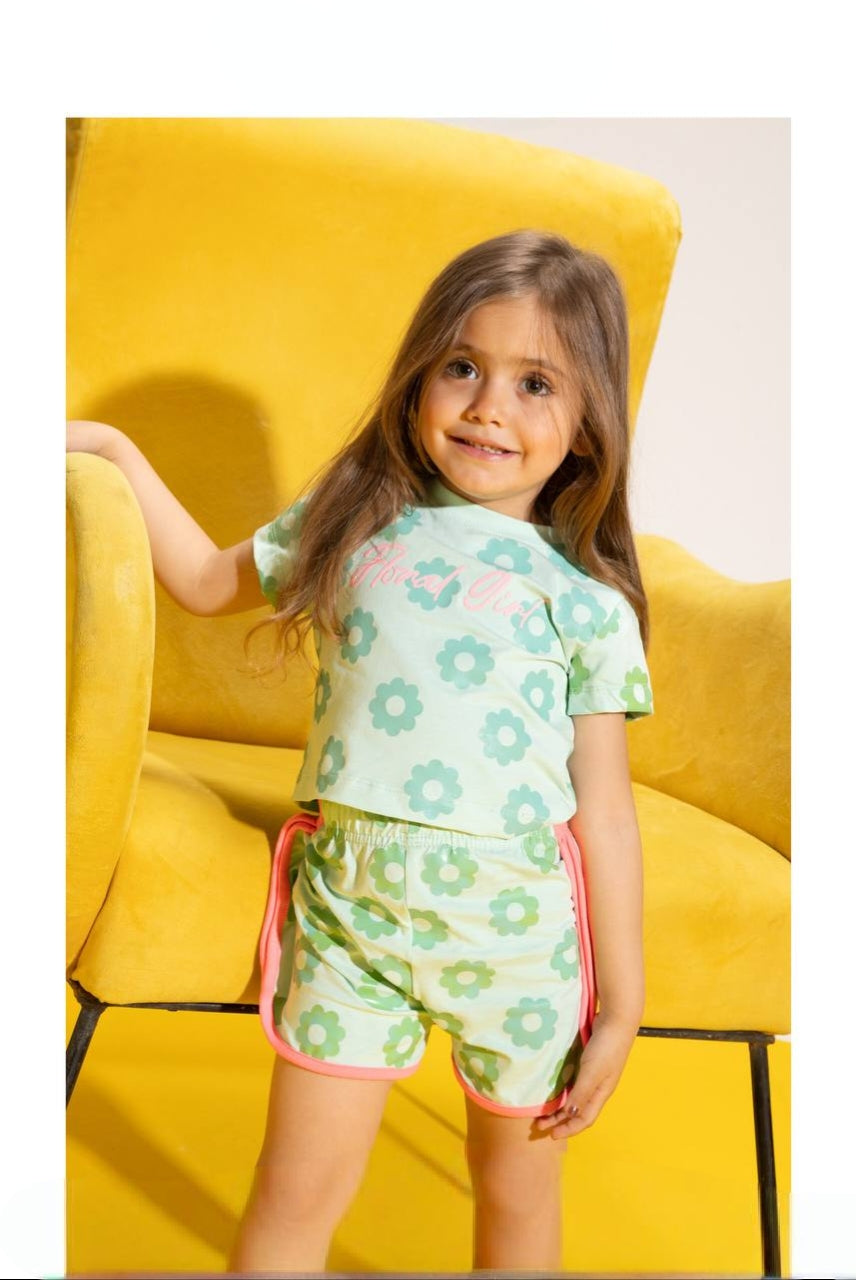 Girls’ Floral T-Shirt & Shorts Set – Mint Green Casual Summer Outfit with Pink Trim