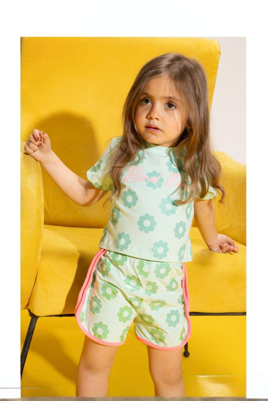 Girls’ Floral T-Shirt & Shorts Set – Mint Green Casual Summer Outfit with Pink Trim