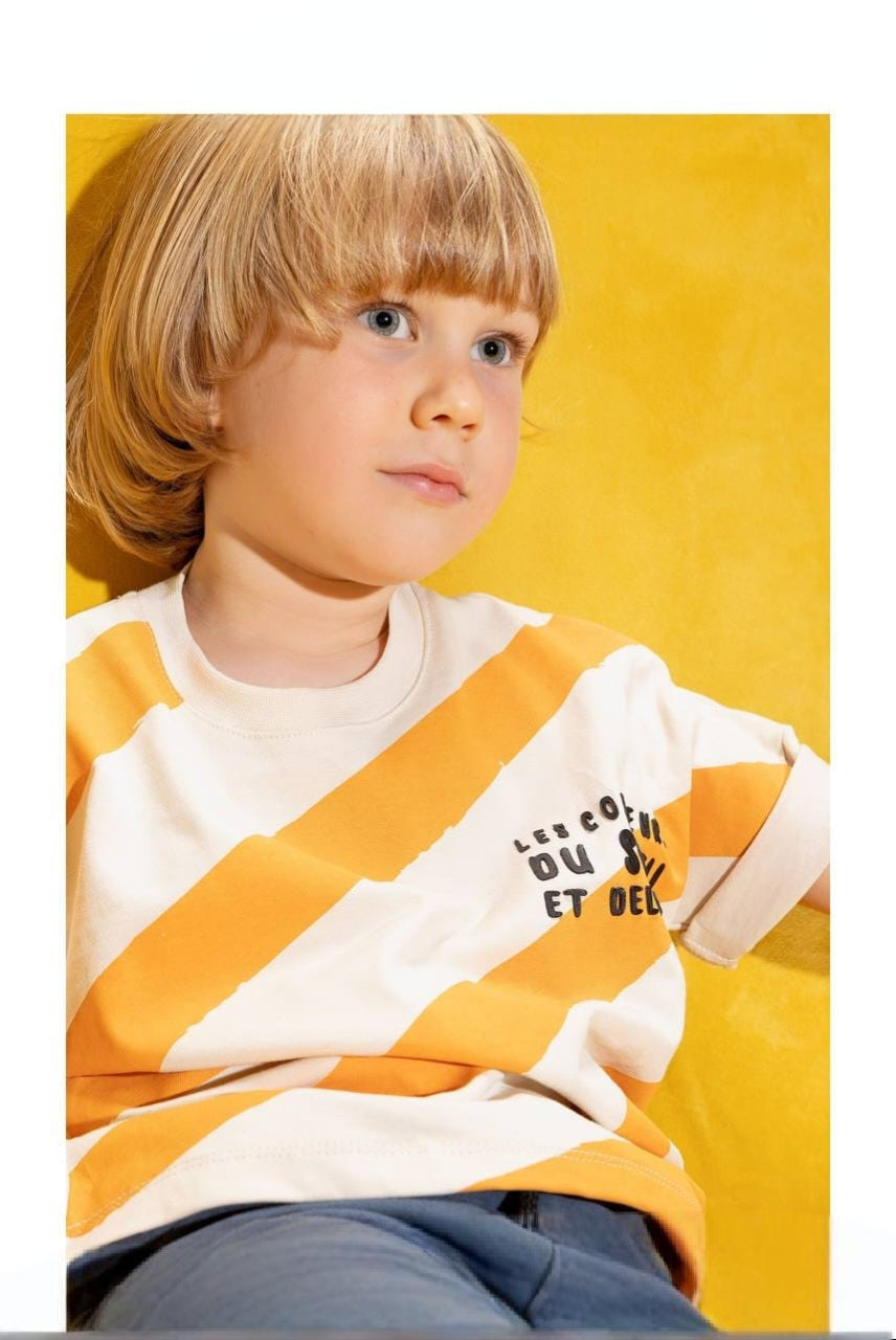 Boys’ Striped Oversized T-Shirt & Shorts Set – Orange and Navy Casual Summer Outfit