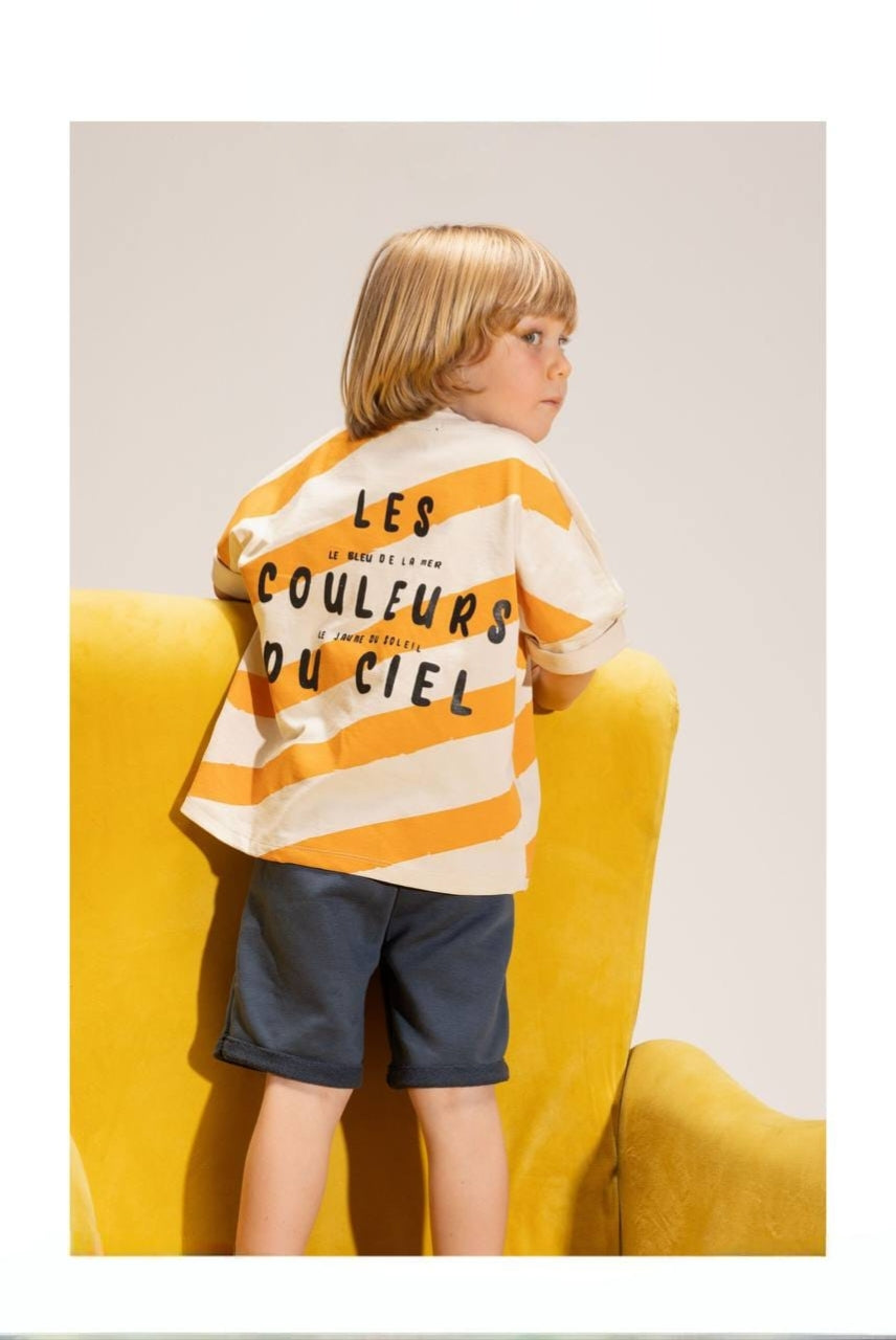 Boys’ Striped Oversized T-Shirt & Shorts Set – Orange and Navy Casual Summer Outfit